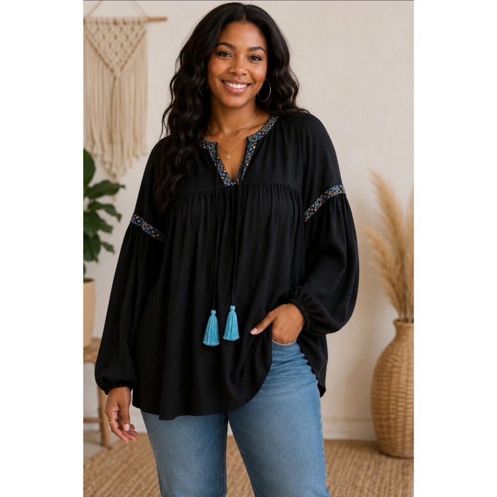 Women's Annabelle Black Blouson Boho Embellish Tie Front Long Sleeve Oversized S